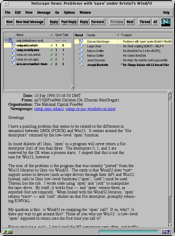 [Screenshot of Netscape Navigator Usenet reader tool]