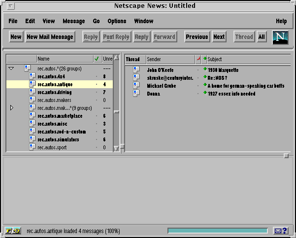 [Screenshot of Netscape Navigator Usenet reader tool]